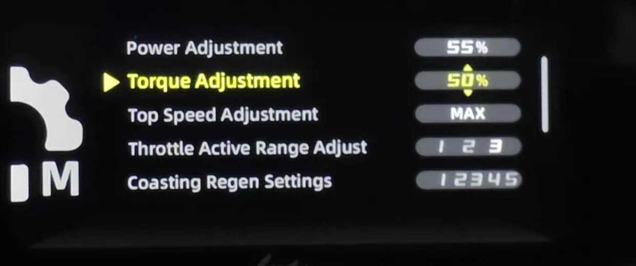 Le menu M sur la moto de Kevin Graehl : 55 % de puissance, 50 % de couple, vitesse maxi libre. Capture : Kevin Graehl.