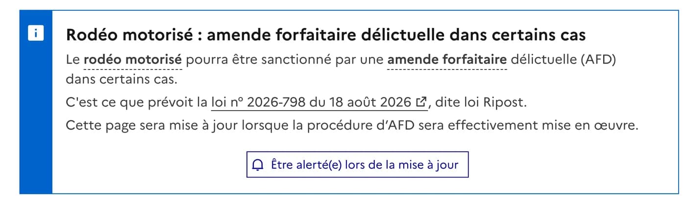 La fiche « Rodéo motorisé » de Service Public, relue le 21 septembre 2026 et inchangée au 5 octobre : la page sera mise à jour quand l’amende sera « effectivement mise en œuvre ». Capture : service-public.gouv.fr.