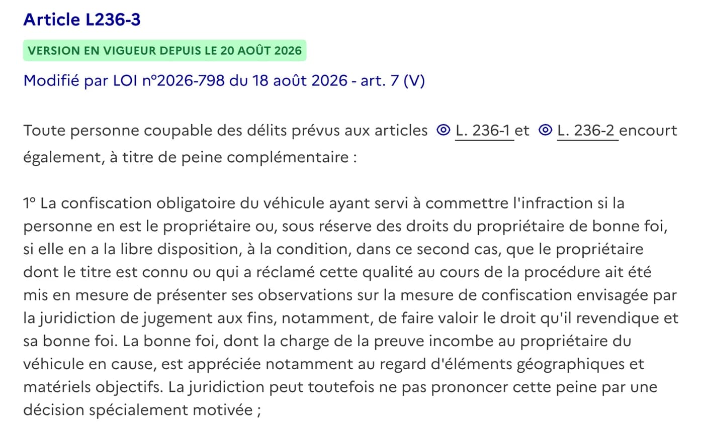 L’article L. 236-3 du code de la route, en vigueur depuis le 20 août 2026 : la preuve de la bonne foi pèse sur le propriétaire. Capture : Légifrance.