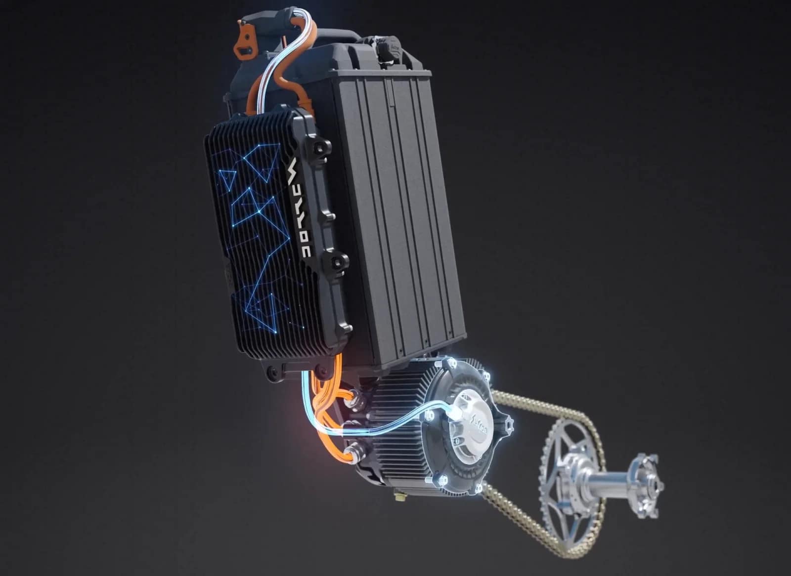 Le nouvel ensemble moteur : batterie, contrôleur, moteur EVO-2 et chaîne. Image : Sur-Ron.