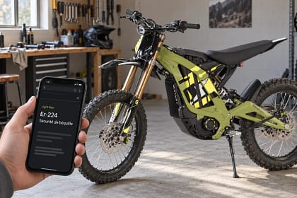 Consultation d’un guide des codes erreur sur smartphone à côté d’une Sur-Ron Light Bee dans un atelier.